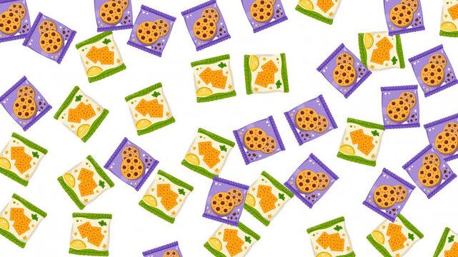 Seamless Pattern of Chocolate Chip Cookies and Crackers in Colorful Snack Bags
