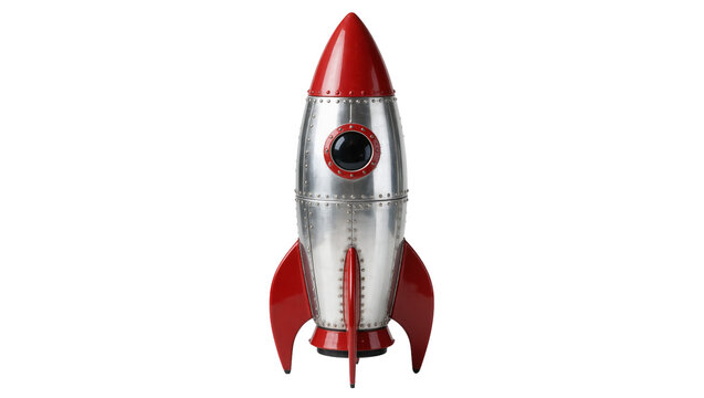 Vintage style silver and red metal toy rocket ship with porthole window
