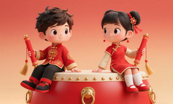 Two Cute Chinese Kids in Red New Year Costume Sitting on Red Drum Holding Scrolls
