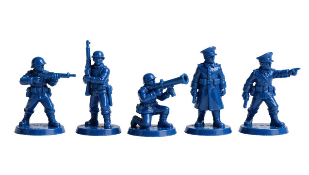Five blue plastic toy soldier figurines in various military combat poses