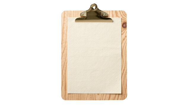 Wooden clipboard with blank cream colored paper sheet and metal clip