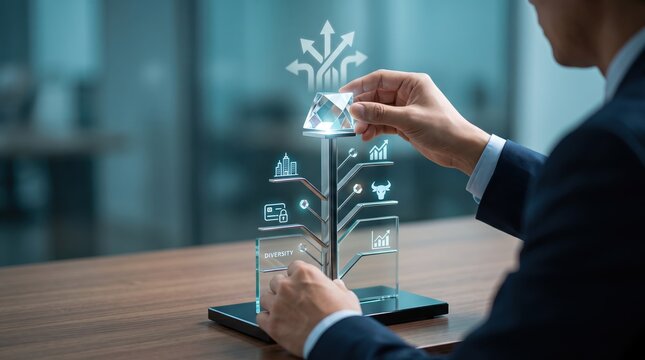 Businessman interacting with futuristic holographic diversity tree infographic, strategic planning concept for corporate growth