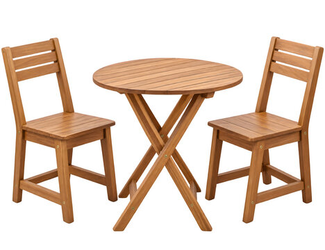 Wooden Bistro Table and Two Matching Folding Chairs Isolated on Transparent Background