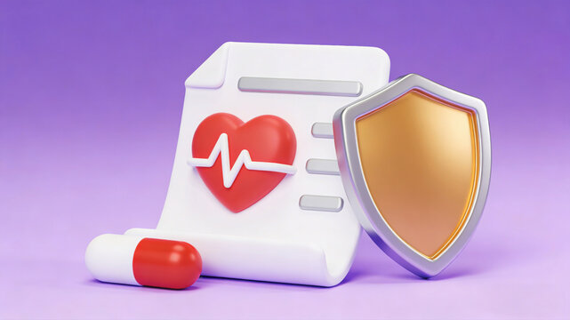 3D Medical Protection Icon, Heart Electrocardiogram, Shield and Capsule on Purple Background