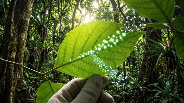 Scientific illustration of photosynthesis process in a green leaf, glowing energy particles and chemical symbols CO2 O2 floating, hand holding leaf in lush rainforest background