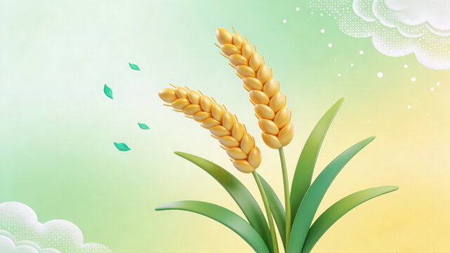 3D Clay Style Golden Wheat Ears on Soft Gradient Green Background with Clouds