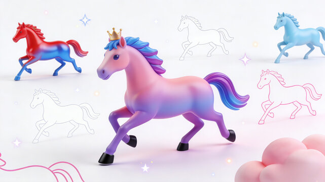 Colorful gradient running horses, central pink-purple unicorn horse with golden crown, fantasy clay style illustration