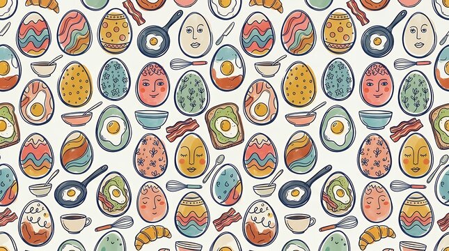 Hand Drawn Colorful Egg Seamless Pattern Featuring Creative Graphic Line Art Food For Modern Textile Print Wallpaper Wrapping Paper Product Packaging And Fabric Surface Design egg pattern seamless