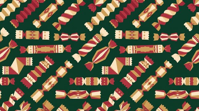 Festive Christmas cracker pattern on dark green background, vintage holiday candy seamless design, traditional red and gold festive gift wrap illustration