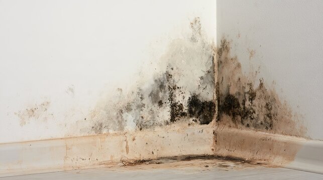 Black mold growth on white wall corner in damp room with water damage and moisture infestation
