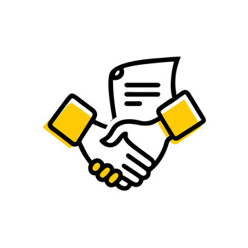 Business handshake icon with document agreement on transparent background.