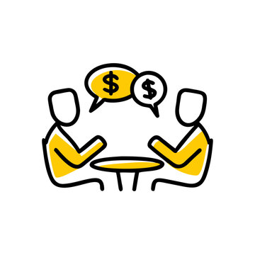 People discussing money around a table line icon vector graphic design.