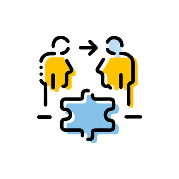 Teamwork puzzle solution icon with human figures and jigsaw element.