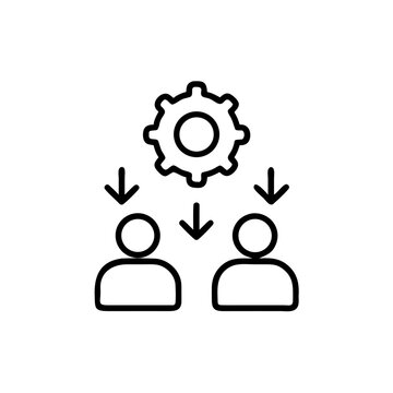 Business process workflow with gear and arrows indicating task management.