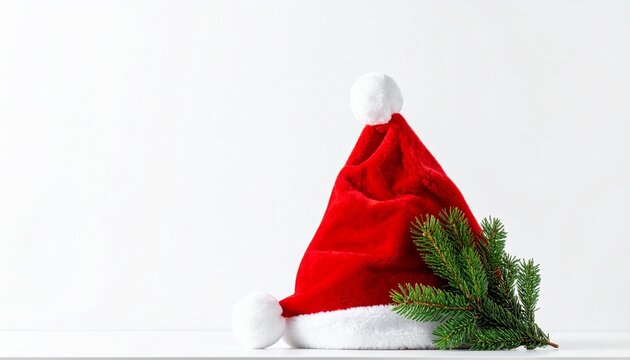 Red Santa hat with pine branch on clean white background