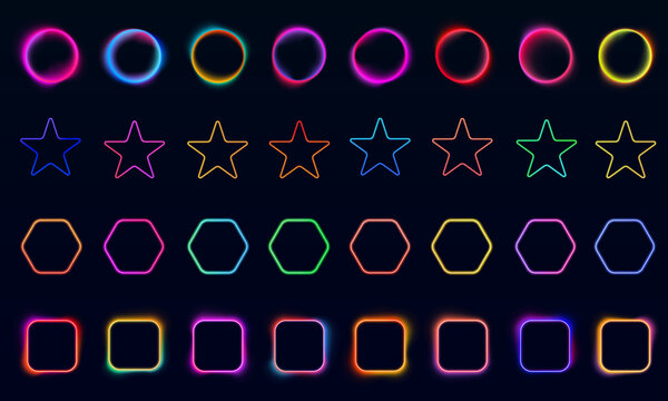 A collection of neon glowing shapes including circles, stars, hexagons, and rounded squares. Each shape displays vibrant, colorful gradients with a soft glowing effect on a dark background.