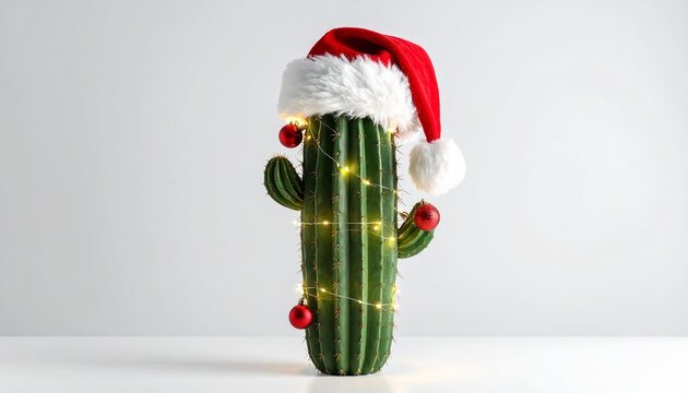 Green cactus wearing Santa hat, red baubles, fairy lights, white background