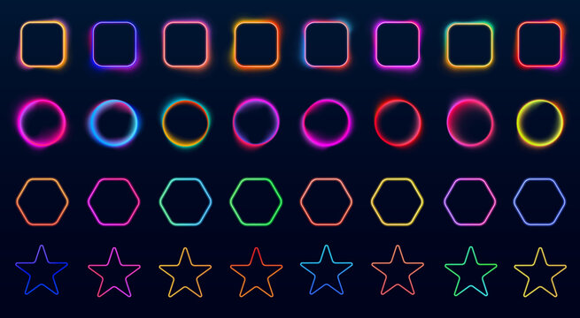 Neon glowing shapes feature rounded squares, circles, hexagons, and stars in a grid layout. Each shape displays bright, vibrant colors with soft outer glows against a dark background.