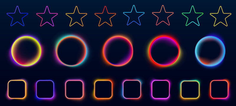 Colorful neon outlines shape a variety of stars, circles, and rounded squares. Each shape glows with vibrant gradients featuring smooth and glowing hues.