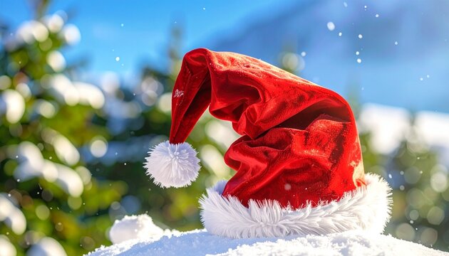 Red Santa hat resting on snow, snowy pine forest, blue sky