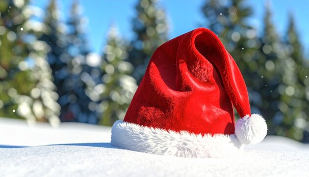 Red Santa hat resting on snow, snowy pine forest, blue sky