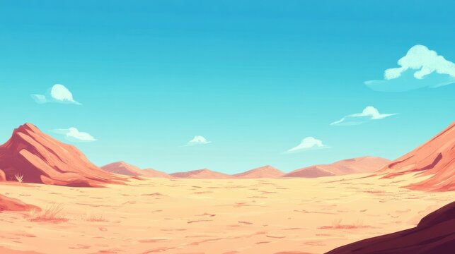 Vast desert landscape under a vibrant blue sky.  A flat, sandy expanse stretches between rocky hills, with a few sparse plants and small clouds in the clear sky