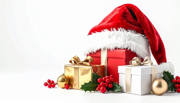 Red Santa hat over wrapped gift boxes, holly berries, gold baubles