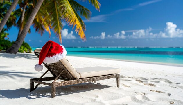 Santa hat on beach lounger, tropical turquoise sea, palm trees
