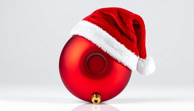 Glossy red zero-shaped Christmas ornament wearing Santa hat, white background