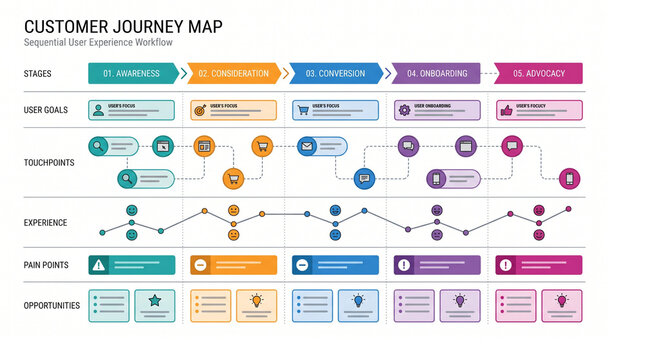 Minimalist 2D flat vector customer journey map layout featuring horizontal sequential phase blocks and interaction touchpoint placeholders, clean geometric UI, solid white background, sharp vector lin