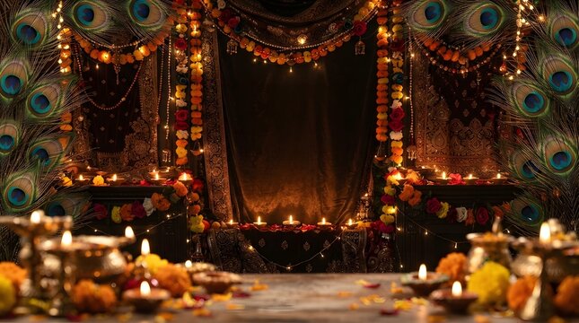 Traditional Indian Festival Decor with Flowers and Diyas