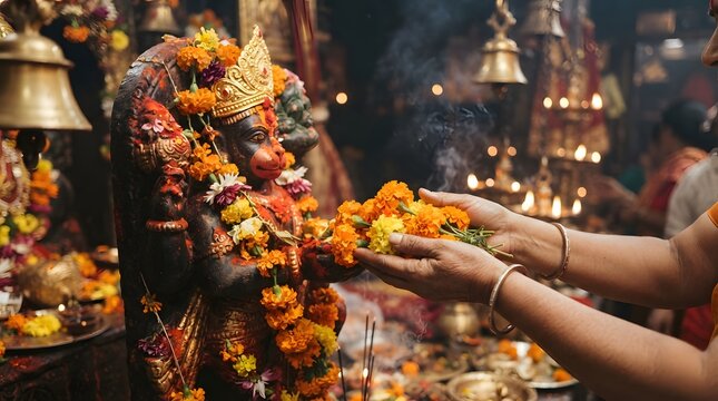 Devotee offering flowers to Hindu deity in vibrant temple setting