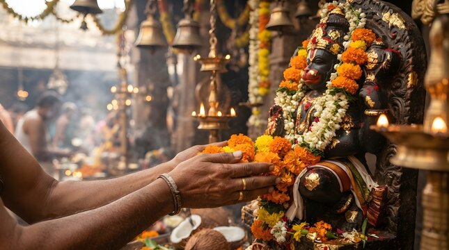 Hands offering flowers to Hindu deity in vibrant temple setting