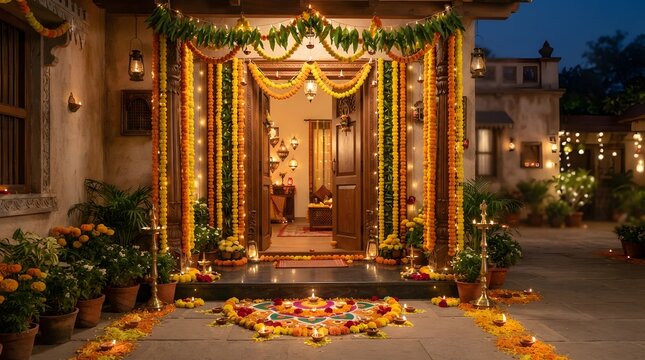 Traditional Indian home entrance decorated for Diwali festival at night