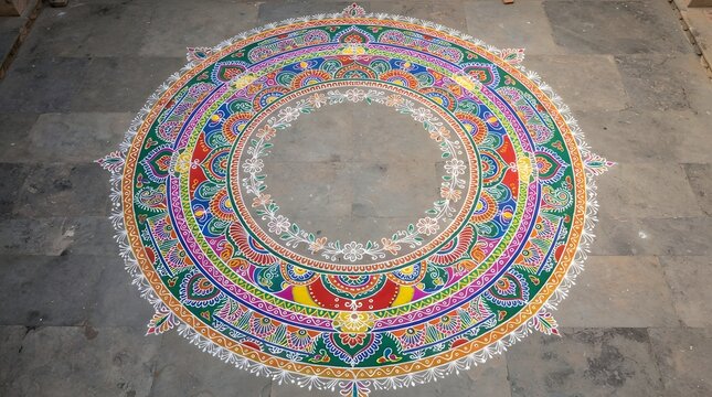 Colorful traditional Indian rangoli design on stone floor