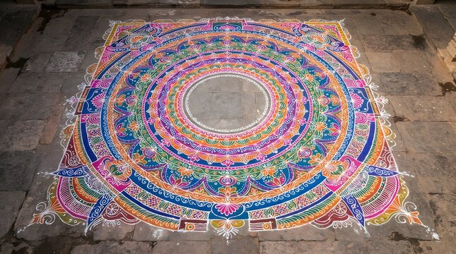 Colorful traditional Indian rangoli design on stone pavement