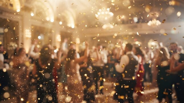 Elegant ballroom celebration with guests dancing under golden lights