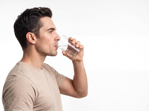 Side view portrait of handsome young Caucasian man drinking glass of fresh clean water isolated on white background maintaining daily hydration and healthy lifestyle with copy space