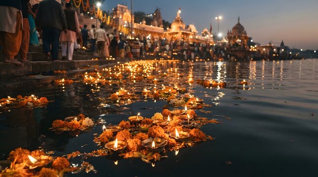 Evening River Ceremony with Floating Lanterns and Gathered Crowd