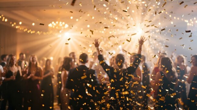 Joyful celebration with people dancing under confetti and bright lights