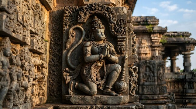 Ancient stone carvings of Hindu deity on temple wall at sunset