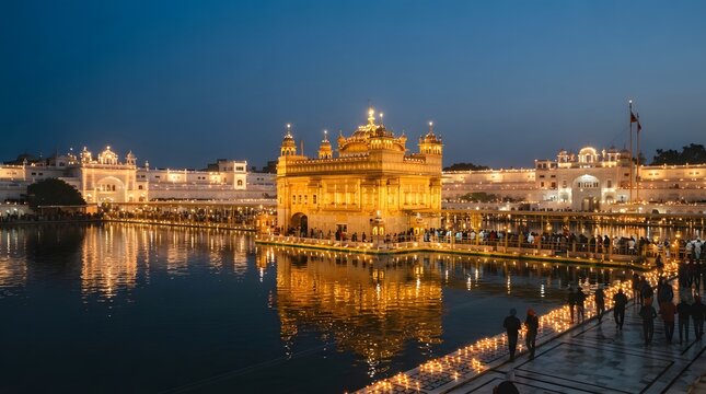 Golden Temple illuminated at night reflecting in calm water