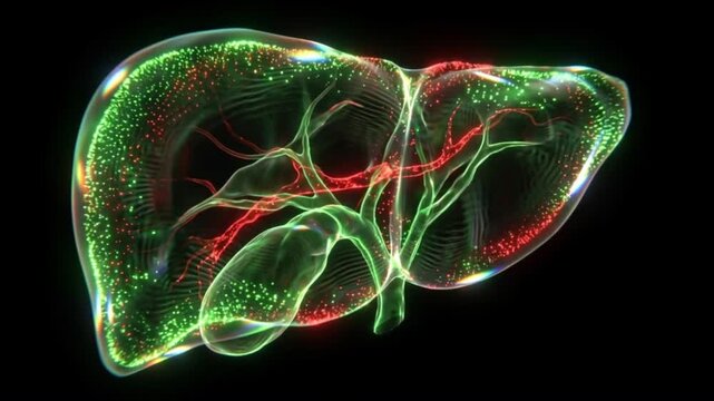 暗所空間で緑や緋色の光を放つ胆道境界複合体の生体模倣平衡状態の様子