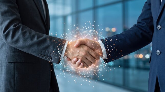 Businessmen shaking hands with glowing digital network overlay representing partnership, agreement, deal