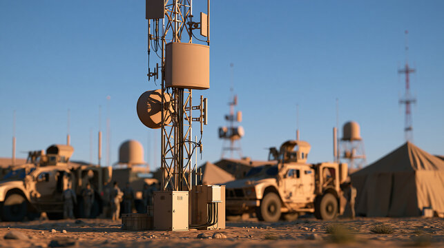 Rugged communication tower with antennas at the center of a desert military base, surrounded by armored vehicles, tents and faceless soldiers preparing for deployment, with copy