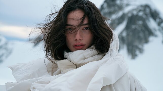 Beautiful young woman with dark hair wearing white winter clothing in a snowy mountain landscape during cold weather