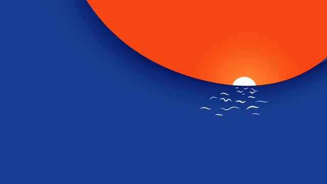 Blue ocean and orange sunset. Paper art illustration concept