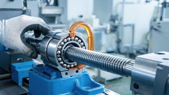precision machining: A technician aligns a sectioned ballscrew nut revealing recirculating steel balls during precision CNC milling machine assembly