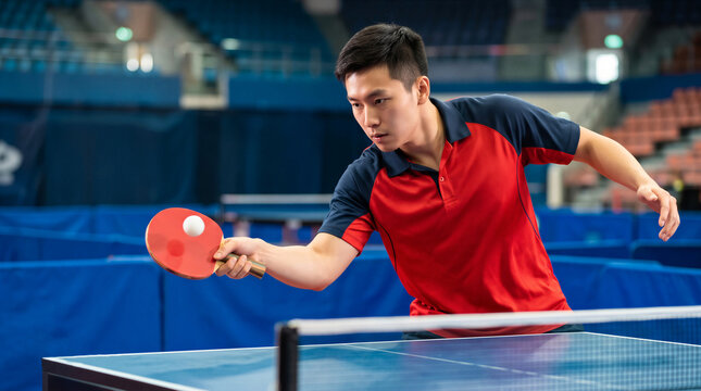 Young Asian table tennis player hitting a forehand shot over the net during an indoor match