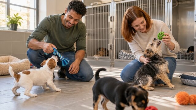 Man and Woman Playing with Small Dogs beside Bright Indoor Kennels